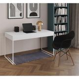 Escrivaninha Estilo Industrial Malta Branca 137x53cm Ferro Branco Com 1 Poltrona Preta E Marrom