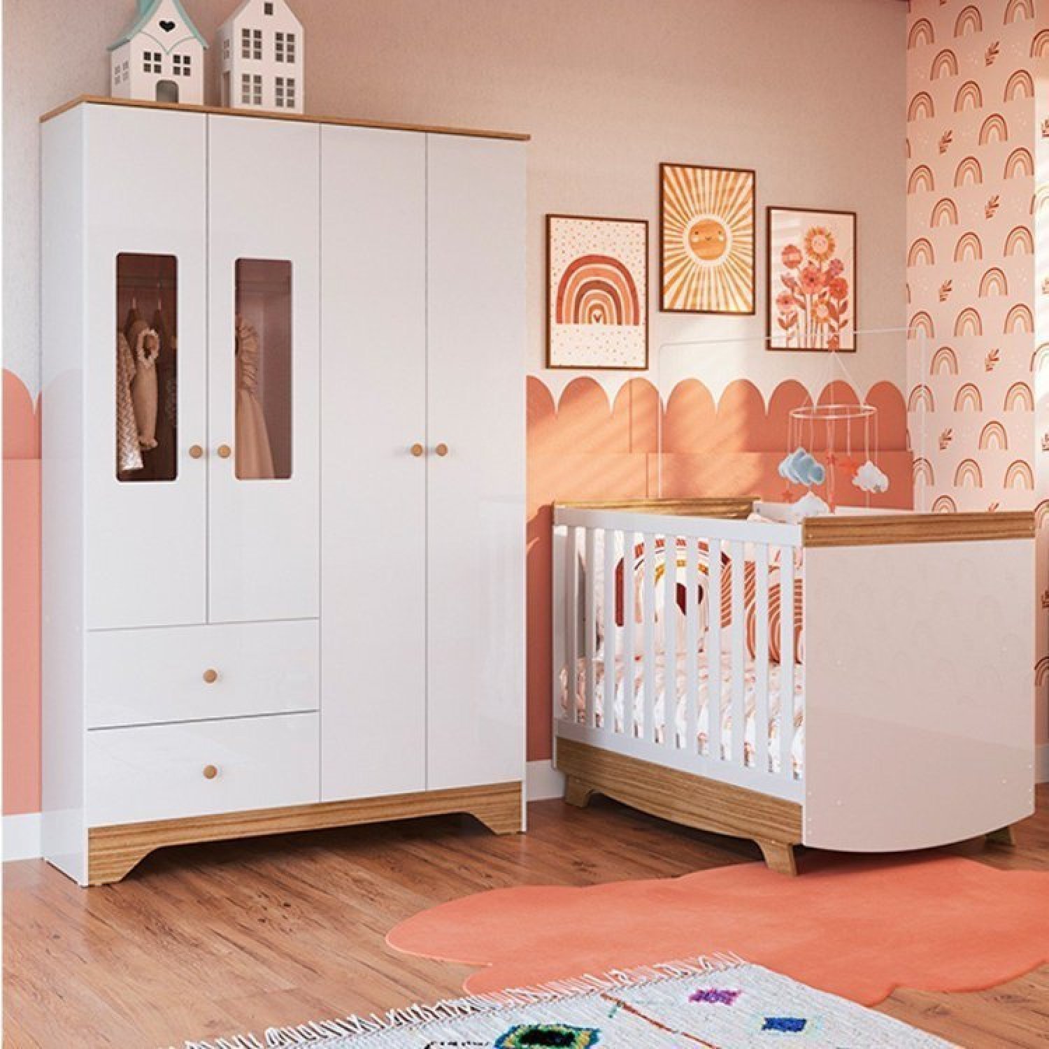 Quarto De Bebê Berço Americano E Guarda Roupa Com Janelas Retângulo Kakau Retrô Espresso Móveis Branco Brilho / Carvalho