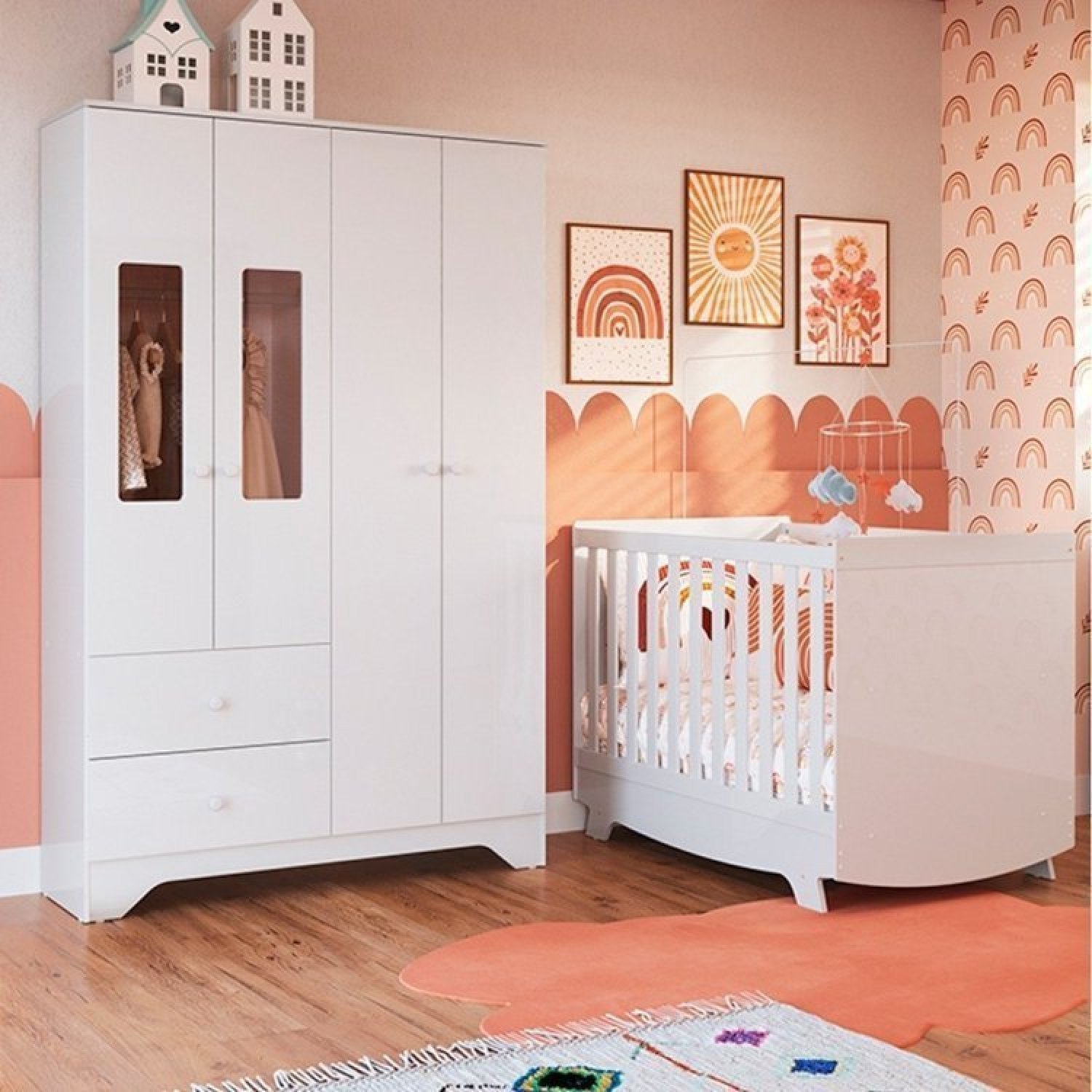 Quarto De Bebê Berço Americano E Guarda Roupa Com Janelas Retângulo Kakau Retrô Espresso Móveis Branco Brilho