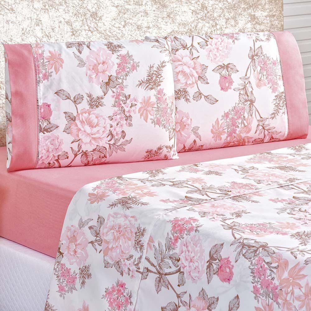 Jogo De Cama Lençol Real Casal Queen Micro Percal 200 Fios 04 Peças Serene Floral Rosa