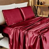 Jogo De Cama Lençol Romance Casal Queen 04 Peças Tecido Cetim Charmousse Brilhante - Vinho