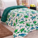 Coberdrom Fantasy Dinossauro Solteiro Dupla Face Manta Soft Com Malha 100% Algodão - Verde