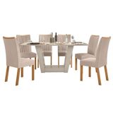 Conjunto Mesa Apogeu 170cm Tampo Mdf/vidro 6 Cadeiras Apogeu Off/amendoa /veludo Creme