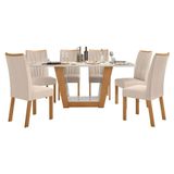 Conjunto Mesa Apogeu 170cm Tampo Mdf/vidro 6 Cadeiras Apogeu Amendoa/off/linho Bege