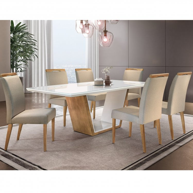 Conjunto Sala de Jantar Mesa Madeira Maciça Medelim e 6 Cadeiras Havana Mobilare Imbuia Natural/Off White/Turim