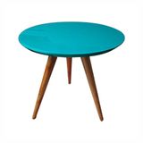 Mesa Lateral Redonda Com Vidro 50x50 Cor Azul Medida 50 Cm Altura