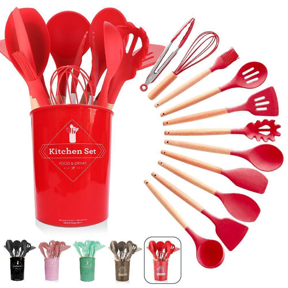 Kit C/12 Utensílios De Cozinha Silicone Cabo Madeira