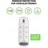 Belkin 12-Outlet USB Power Strip Surge Protector, Plugue Plano, Cabo de 6 pés (3.996 Joules), Branco