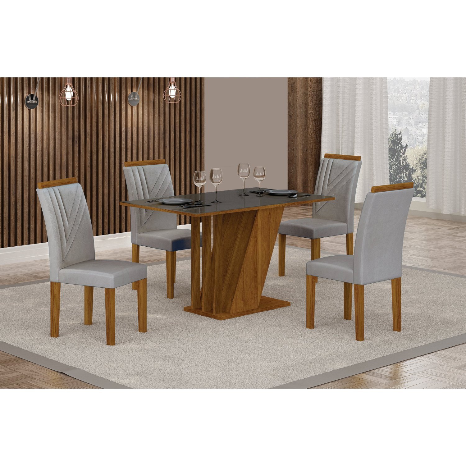 Conjunto Sala De Jantar Mesa Tampo Vidro/mdp Com 4 Cadeiras Miami Yescasa Freijó/cinza/prata