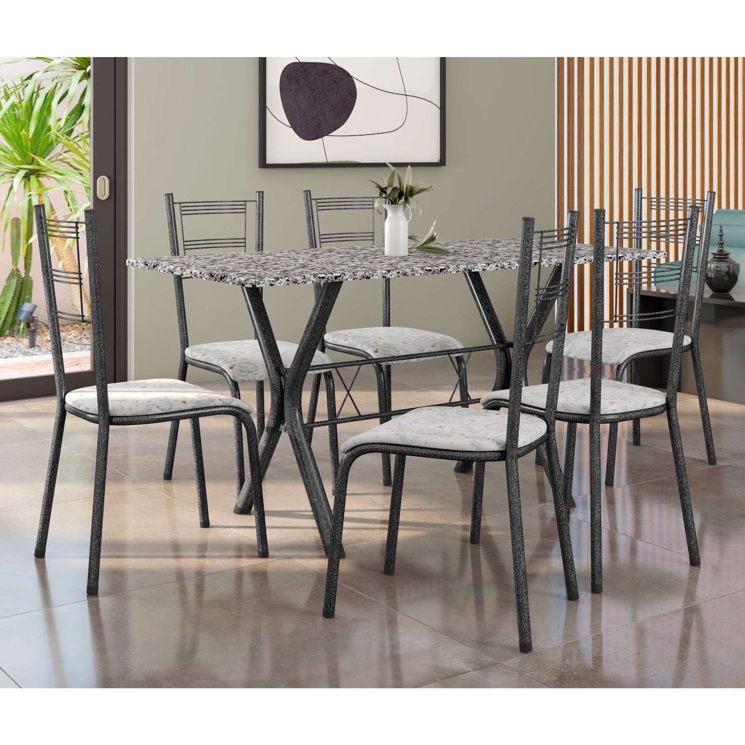 Conjunto Mesa Miami 150cm Granito 6 Cadeiras Santiago Assento Courino Preto/prata