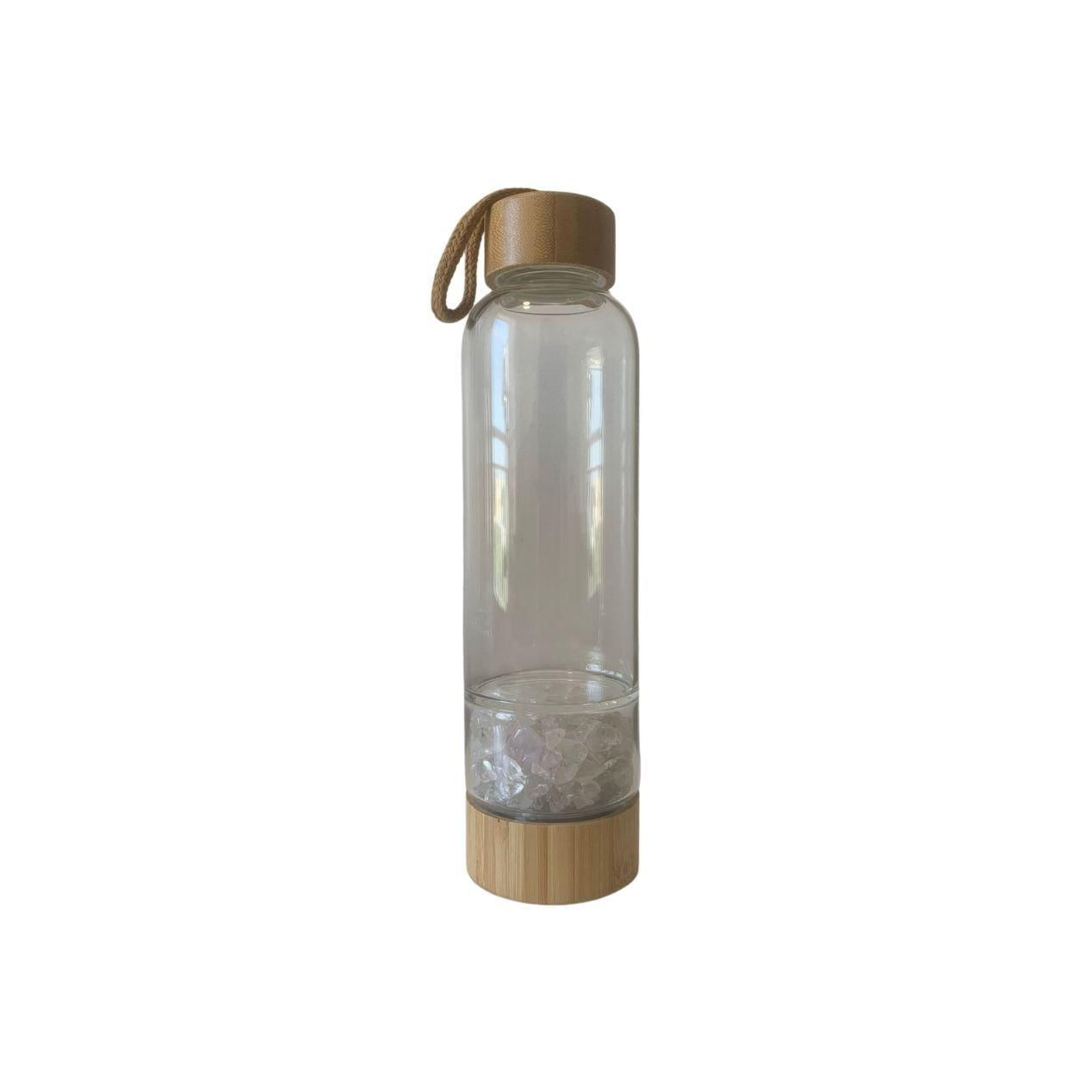 Garrafa De Vidro Bambu Com Cristal De Quartzo Transparente