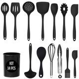 Kit Utensilios Cozinha Silicone Jogo 14 Peças Inox Colheres