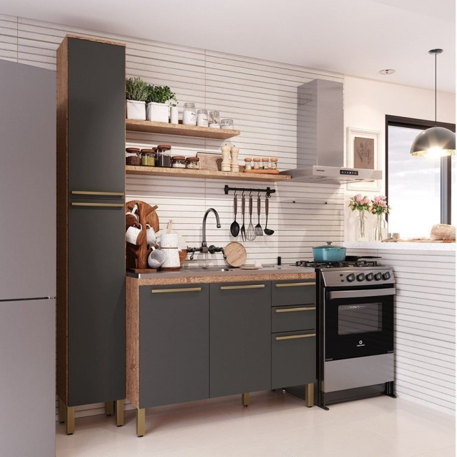 Cozinha Compacta 2 Peças E 2 Prateleiras 5 Portas 2 Gavetas 100% Mdf Itália Espresso Móveis Castanho/cinza