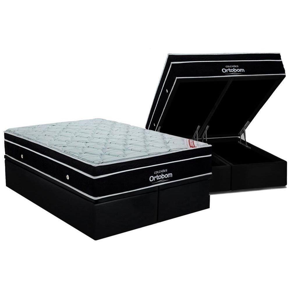 Cama Box Baú Queen: Colchão Molas Ensacadas Ortobom Superpocket Elegant + Base Black(158x198)