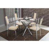 Sala De Jantar Completa Volga C/ Tampo Vidro 90cm + 4 Cadeiras Lisboa Cromado/courano Nude