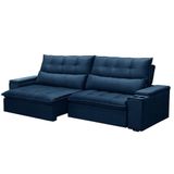 Sofá Retrátil E Reclinável 4 Lugares 250cm Robem Porta Copos No Braço Veludo Azul G22 - Gran Belo