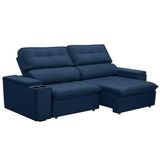 Sofá Retrátil E Reclinável 3 Lugares 210cm Zoho Porta Copos No Braço Veludo Azul G22 - Gran Belo