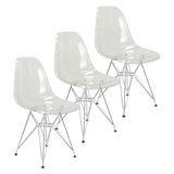 Kit 3 Cadeiras Eames Cristal Transparente Eiffel Base Metal