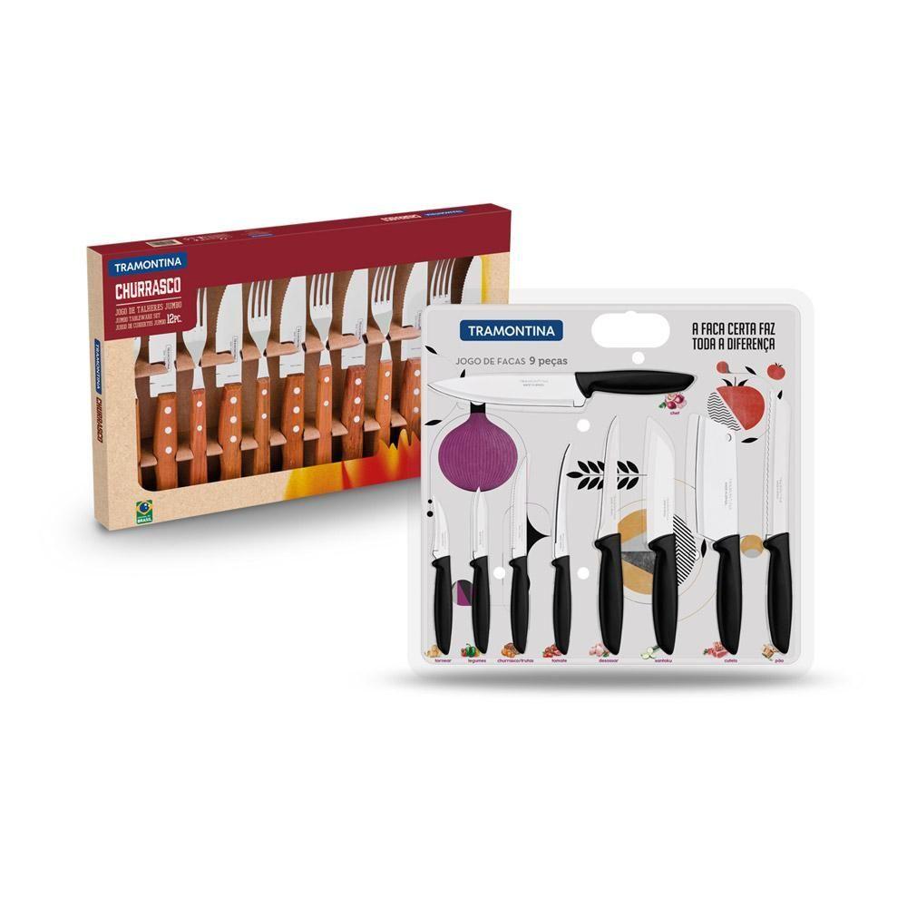 Kit - Jogo De Churrasco Inox 12 Peças Dynamic + 1 Conjunto Facas 9pç - Tramontina