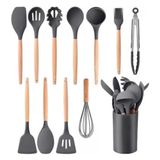 Kit Utensílios Cozinha Talher Silicone 12 Peças Cabo Madeira