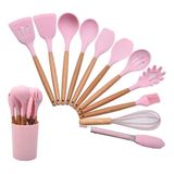 Kit Utensílios Cozinha Talher Silicone 12 Peças Cabo Madeira