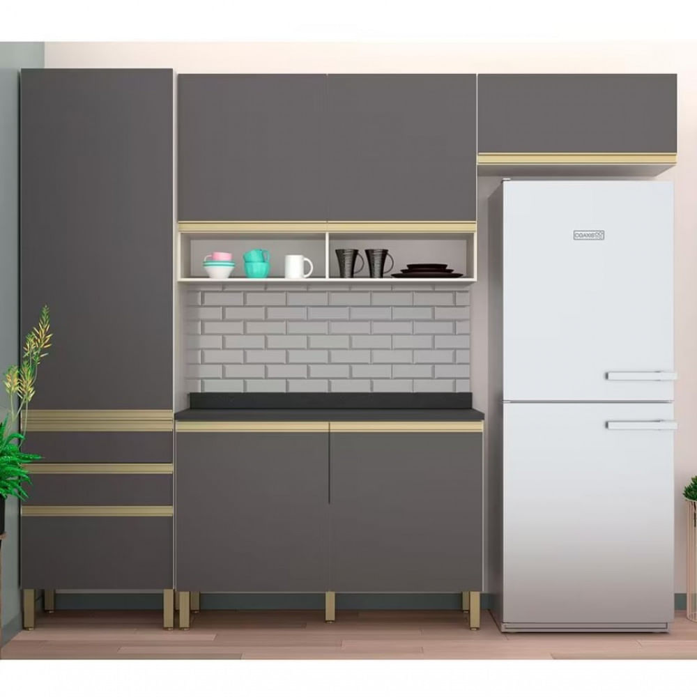 Cozinha Compacta Bartira Jaspe Com 6 Portas 3 Gavetas E 6 Prateleiras 260.4cm