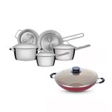 Kit - Jogo De Panelas Allegra 5 Pçs Inox + Panela Wok Alumínio Paris 36cm Vermelha - Tramontina