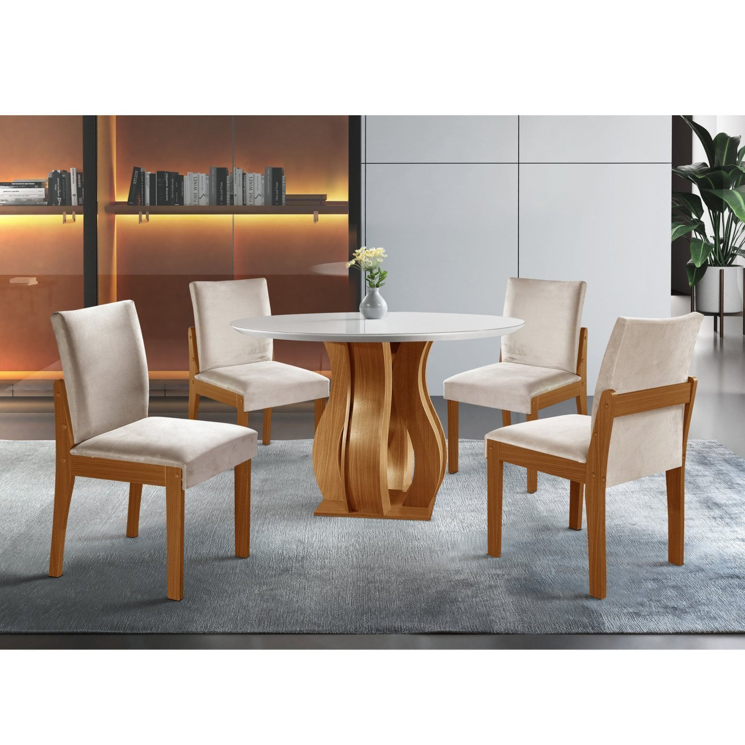 Conjunto Sala De Jantar Mesa Nuance 110cm Redonda Tampo Vidro/mdf Com 4 Cadeiras Monaco Yescasa Castanho Cinamomo/suedy Creme