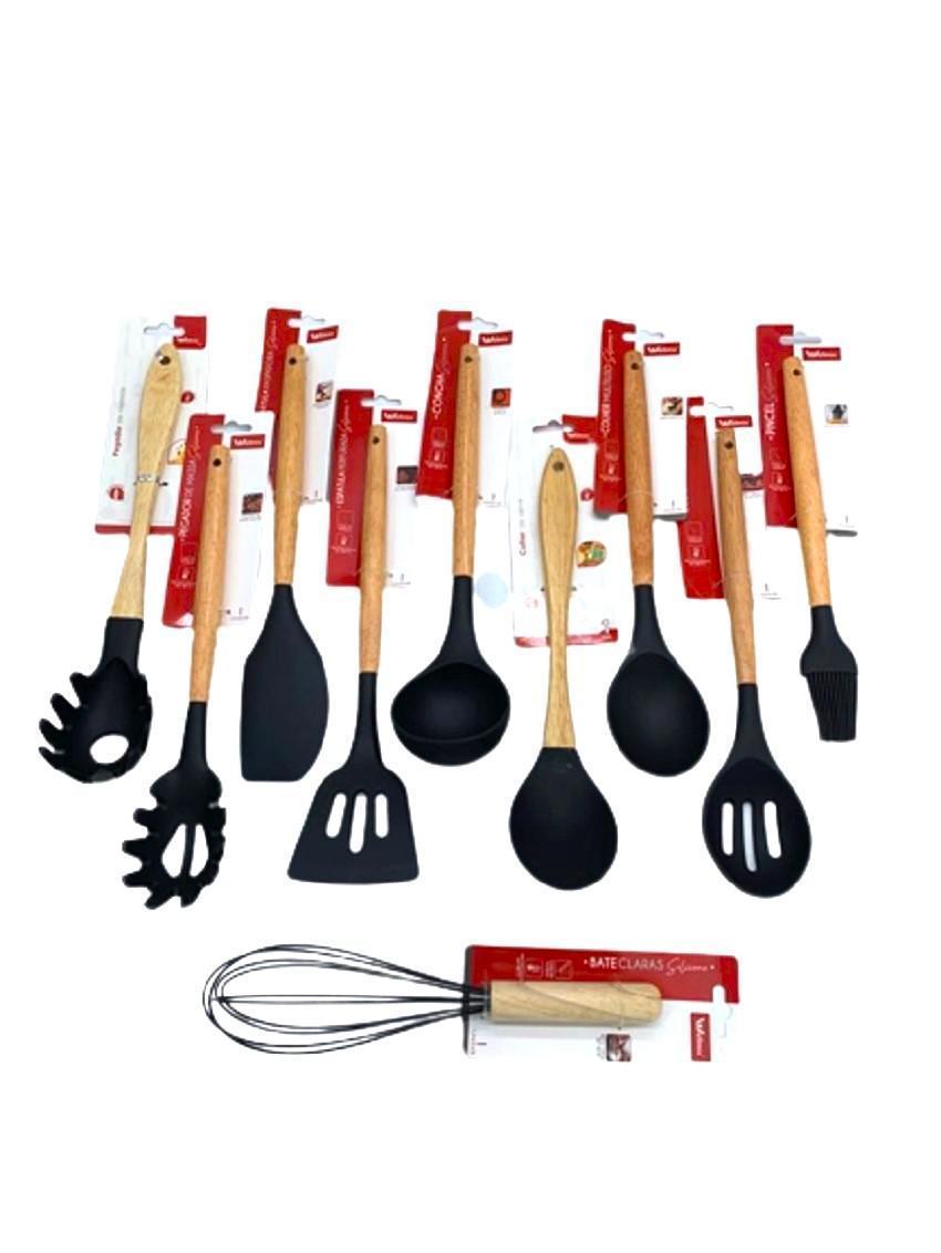 Utensílios De Cozinha De Silicone Cabo Madeira Kit 10 Peças