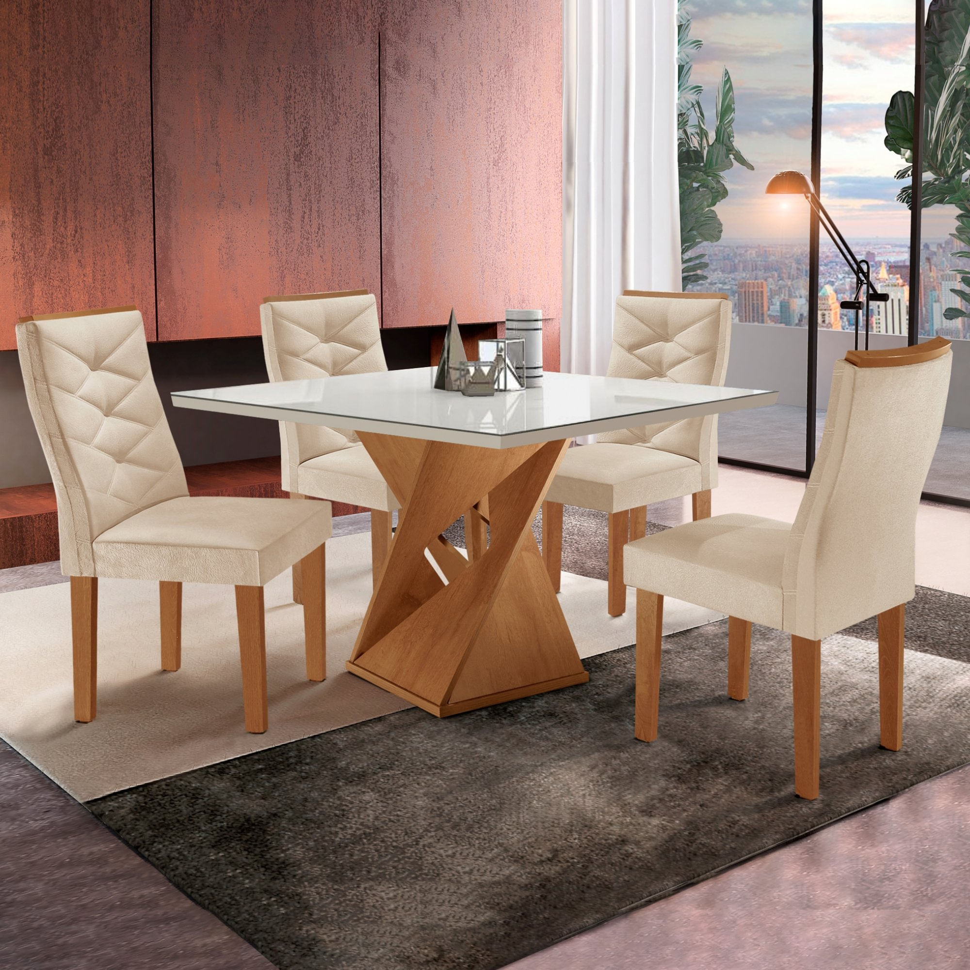 Conjunto Mesa Quadrada Com Vidro E 4 Cadeiras 100cmx100cm Barcelona Cinamomo/off White/suede Pena