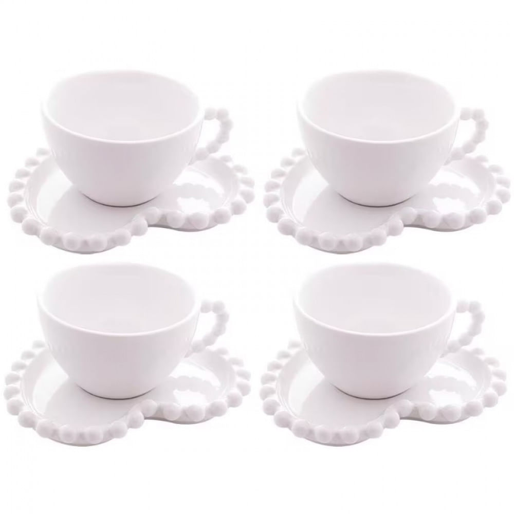 Conjunto Com 4 Xícaras E Pires Para Chá Wolff Beads Coração Em Porcelana 210ml