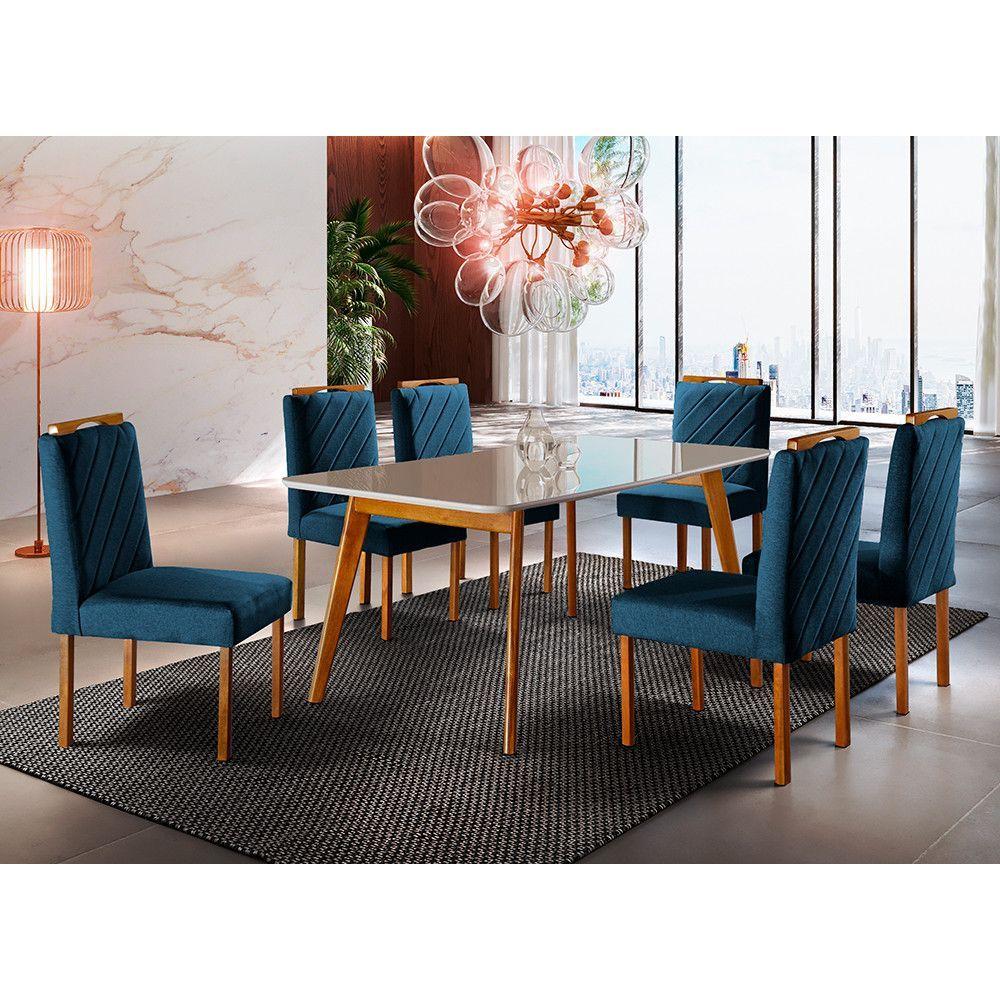 Conjunto Sala De Jantar 6 Lugares Mesa Slim Cadeiras Veludo Azul Marinho Mel/off-white/azul Marinho