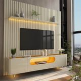 Rack Com Painel Ripado Para Tv Até 85 Polegadas 1 Gaveta 2 Portas 230cm Nobre Off White/naturale