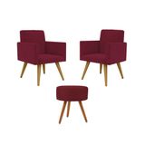 Kit 02 Poltronas Decorativas + Puff Decorativo Redondo Sala Cor:marsala