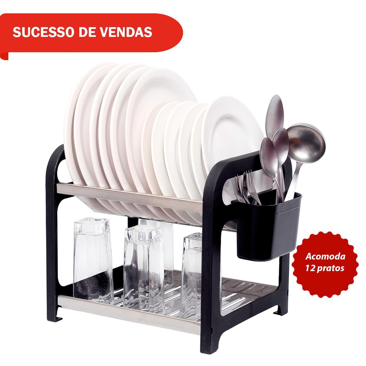 Escorredor 12 Pratos Inox Preto Com Porta Talheres