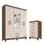 Kit Guarda Roupa Casal Modena 6 Portas 2 Gavetas Com Espelho E Cômoda 5 Gavetas Champanhe Incorplac