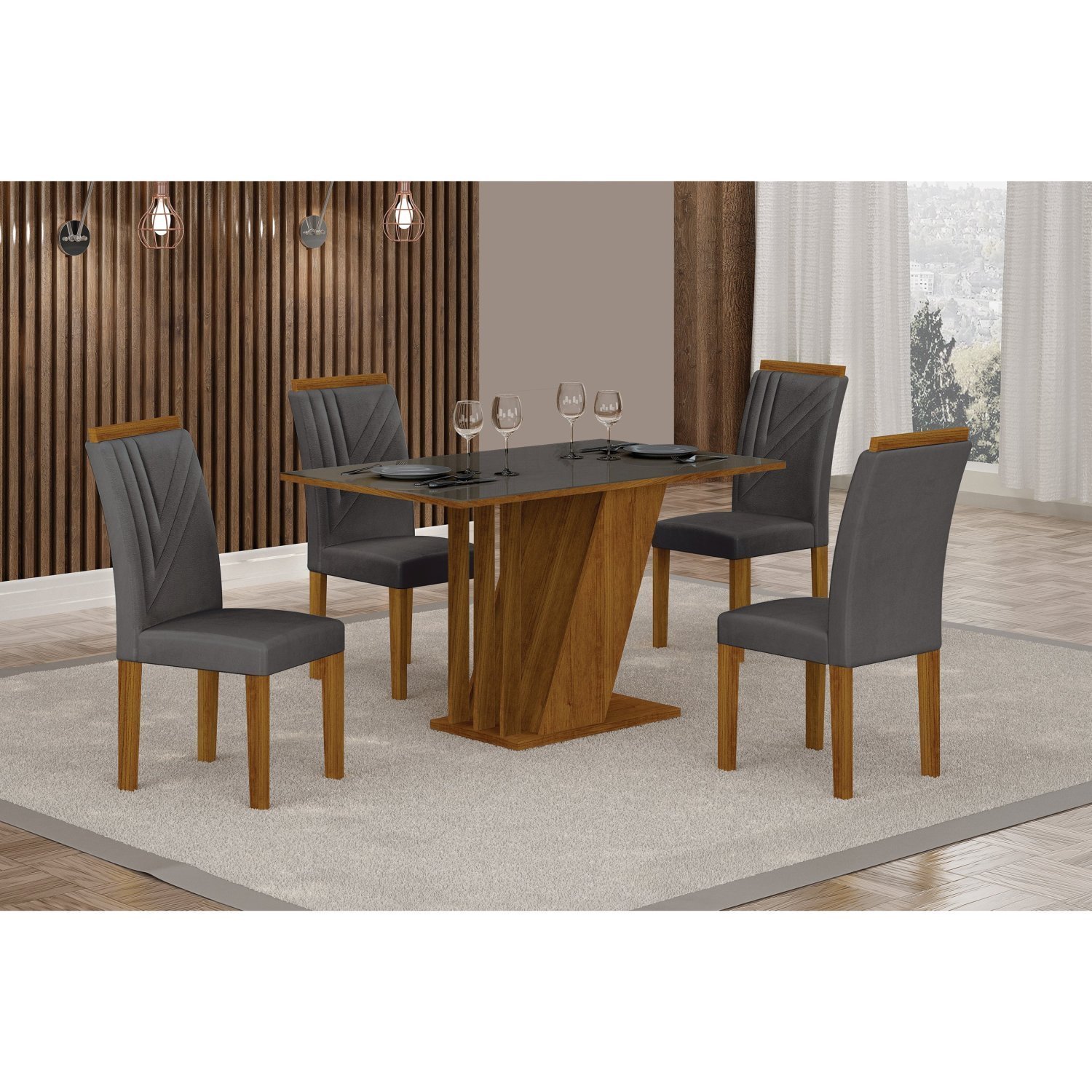 Conjunto Sala De Jantar Mesa Tampo Vidro/mdp Com 4 Cadeiras Miami Yescasa