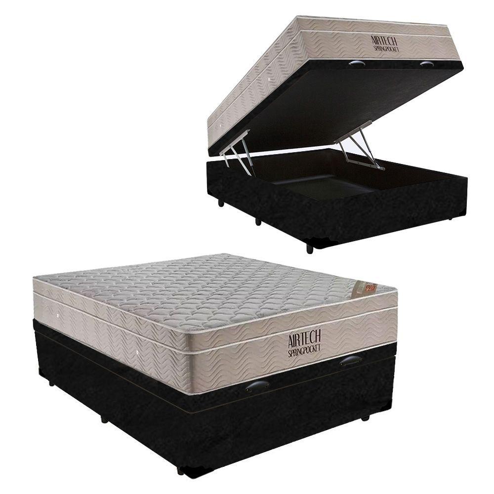 Cama Box Baú Casal + Colchão Casal Airtech Springpocket Ortobom 69x138x188 Suede Preto