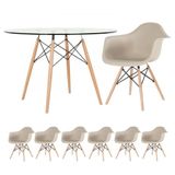 Mesa Redonda Eames Com Tampo De Vidro 120 Cm + 6 Cadeiras Eiffel Daw Nude Nude