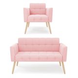 Kit 1 Sofá Namoradeira E 1 Poltrona Elisa Suede Rosa Bebê Pés Palito Natural - D&#39;rossi