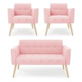 Kit 1 Sofá Namoradeira E 2 Poltronas Elisa Suede Rosa Bebê Pés Palito Natural - D&#39;rossi