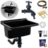 Tanque Lavanderia 22l Preto + Sifão Copo Universal Sanfonado