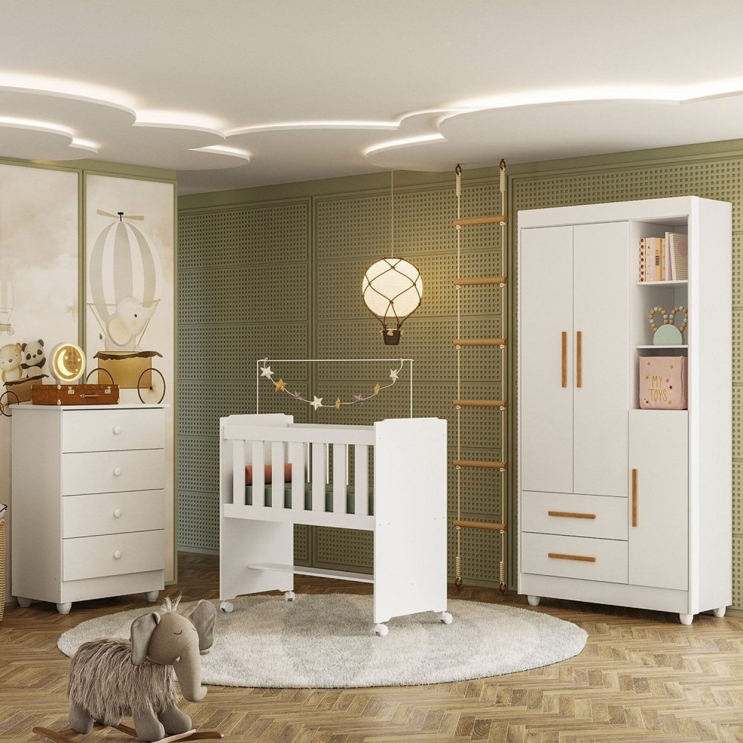 Quarto De Bebê Completo Com Cômoda, Mini Berço E Guarda Roupas Lila Branco