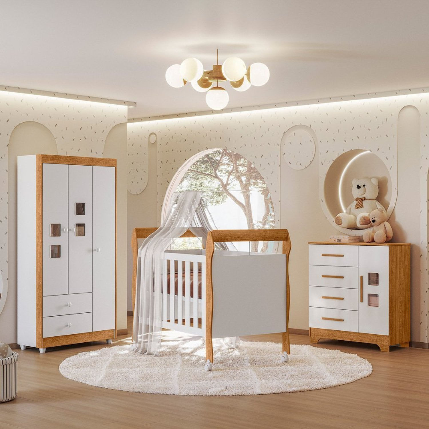 Quarto De Bebê Completo Com Cômoda, Berço Com Colchão E Guarda Roupas Mila Branco/amadeirado