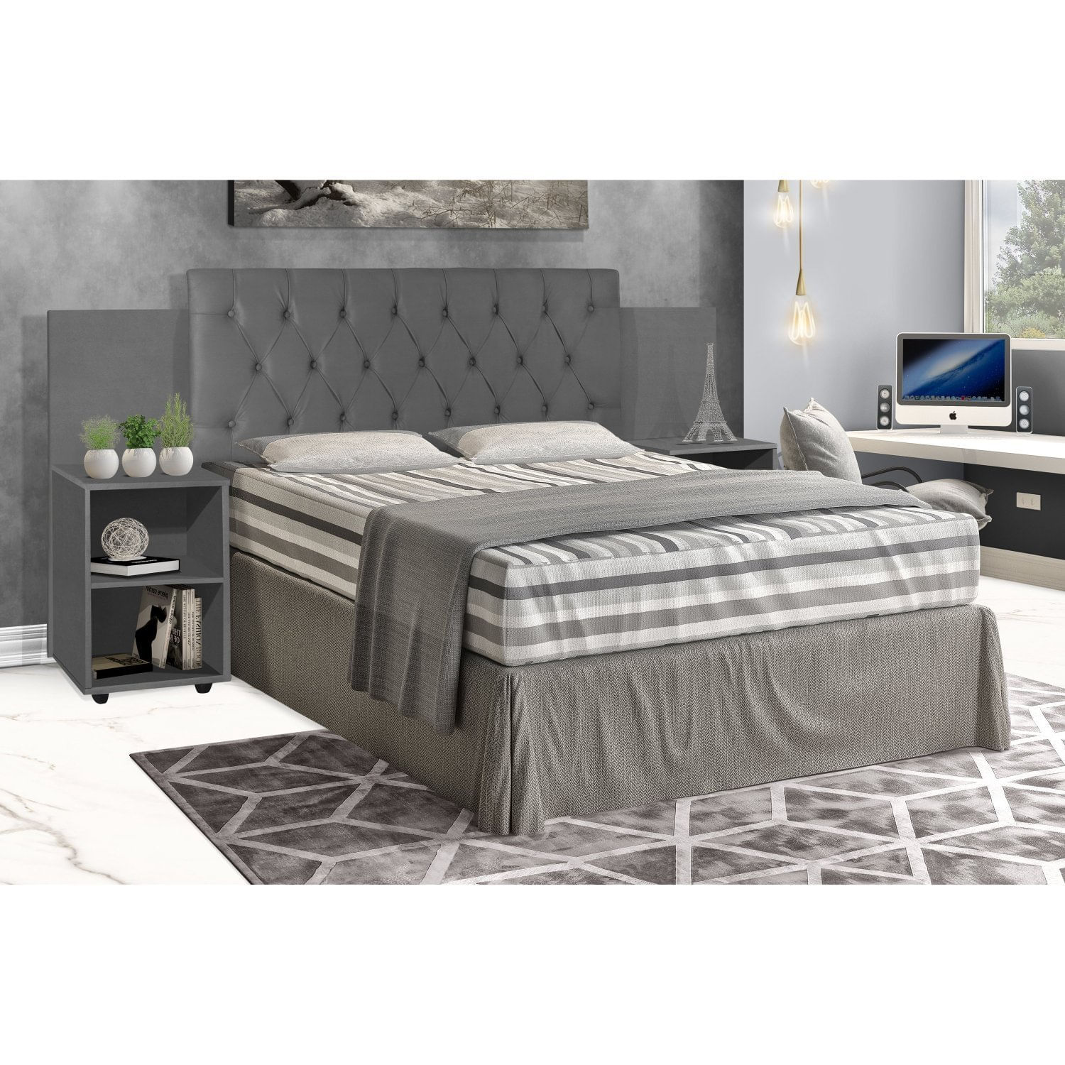 Cabeceira Casal Cama Box Aveludada Com Mesa De Apoio Classic Cinza