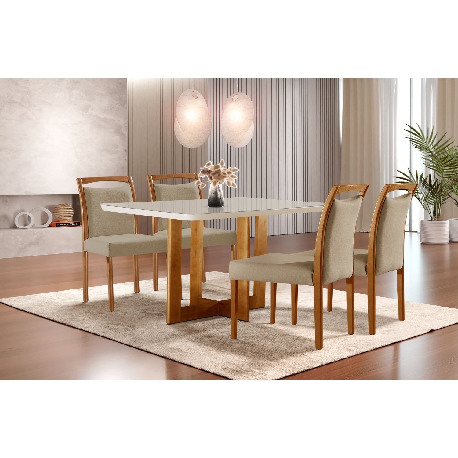 Mesa De Jantar Tampo De Madeira Vitoria Com 4 Cadeiras Safira Imbuia Natural/off White