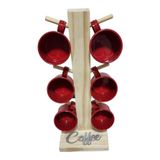 Kit Jogo 6 Xícara Vermelho Café Suporte Madeira Mesa Cozinha
