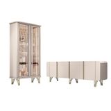 Conjunto Cristaleira Buffet Com Led Portas De Vidro Pés Aço Maciço Dourado Texas/virginia Off White