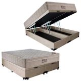 Cama Box Baú Casal Sintético Bipartido + Colchão Ortobom Airtech Molas Ensacadas 65x138x188 Bege