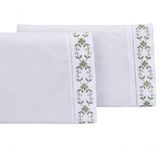 Jogo Lençol Queen Casal Bordado 3 Peças Branco Verde Veneza